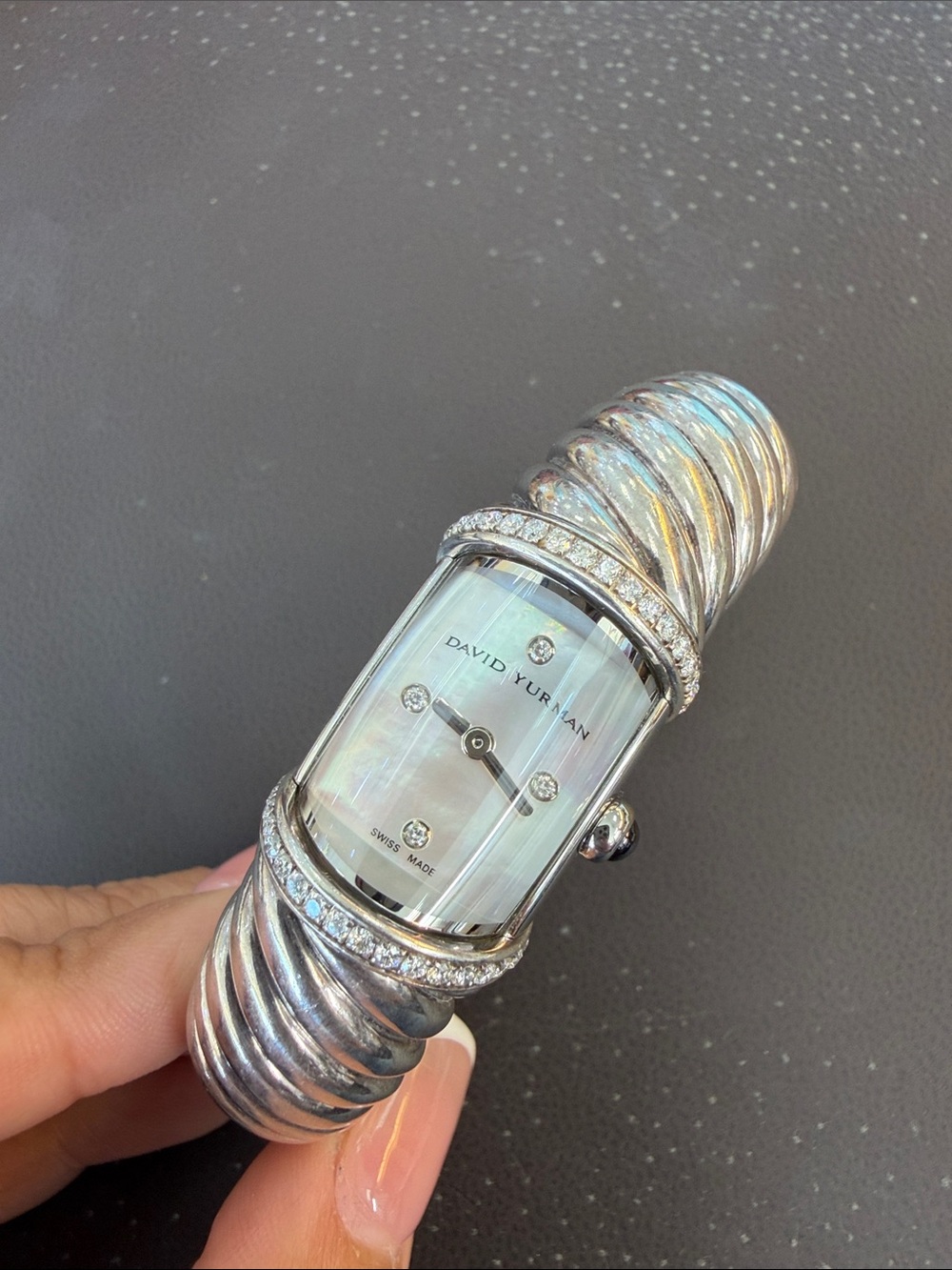 David Yurman Silver Cable Bangle Watch with Mother-of-Pearl Dial